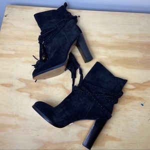 Micheal Kors Suede Black Fringe Heel Booties Sz 37